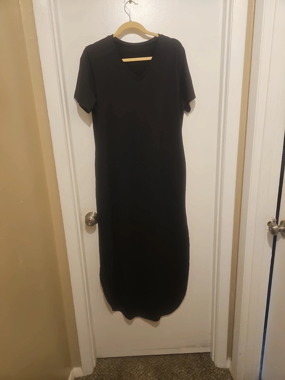 New Black Cotton Maxi T-Shirt Dress Side Slits Rounded Hem - Size L